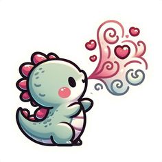 a cute little dragon blowing hearts out of it's mouth with its wings open