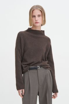 Mika Yak Funnelneck Sweater Brown Turtleneck For Workwear In Fall, Brown Turtleneck For Fall Workwear, Oversized High Neck Fine Knit Sweater, Oversized Fine Knit High Neck Sweater, Oversized Wool Turtleneck Top, Brown High Neck Sweater For Work, Brown Turtleneck For Workwear, Brown High Neck Turtleneck, Brown Turtleneck Sweater For Work