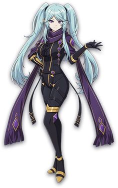 an anime character with blue hair and long white hair, wearing black clothes holding her arms out