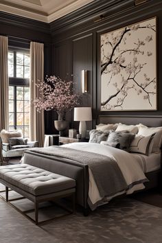 Bedroom Inspirations Master Sophisticated, Modern Classic Home Interiors, Beautiful Master Suites, Dark Serene Bedroom, Luxury Bedroom Ideas Modern Elegant, Meteranian Home Decor, Masterbed Room Modern, Glam Moody Bedroom, Luxe Master Bedrooms Decor