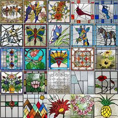 many different stained glass windows with flowers and birds