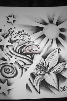 a drawing of flowers and stars on a sheet of paper