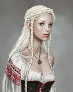 a painting of a woman with long white hair and braids