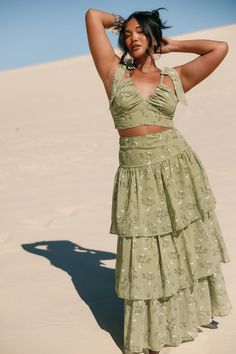 Dorothy Two Piece Set - Sage Botanica Spring Two-piece Cropped Dress, Chic Cropped Beach Dress, Cropped Skirt For Vacation, Two Peice Set, Wedding Swimwear, Tie Back Crop Top, Top And Skirt Set, Top And Skirt, Layered Skirt