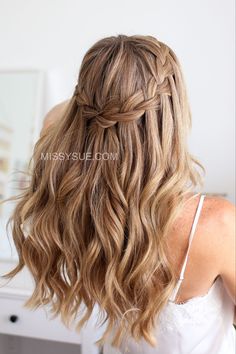 Loose Waterfall Braid, Half Braid With Curls, Blonde Waterfall Braid, Curled Waterfall Braid, Waterfall Braid Curly Hair Wedding, Fishtail Waterfall Braid, Wedding Hair Down With Curls And Braid, Hairstyles For Brunettes Braids, Waterfall Bridesmaid Hair