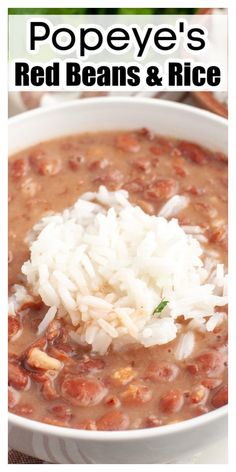 red beans and rice in a white bowl with text overlay that reads pope's red beans and rice