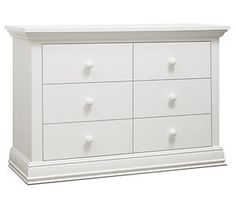 a white dresser with six drawers and knobs on the bottom drawer, against a white background