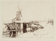 an old drawing of a windmill in the background