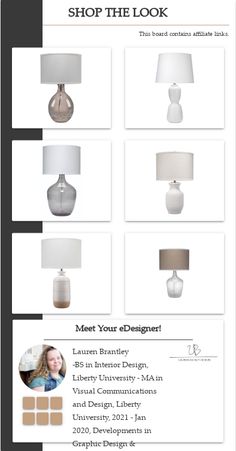 an advertisement for a lamp shop with different lamps and shades on the front, along with information about each product