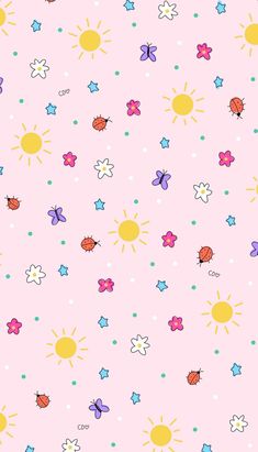 a pink background with colorful stars and sun on the top, and small dots in the middle