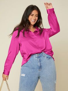 Rosa Fucsia Elegante Collar manga larga Satén Liso Camisa Embellished No-Elástico Primavera/Otoño Comfortable Pregnancy Outfits, Pink Satin Shirt, Satin Shirt Outfit, Shein Basics, Outfit Elegantes, Satin Shirts, Wardrobe Styling, Silk Blouses, Outfits To Try