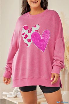 OrcaJump - Double Heart Graphic Plus Size Pink Split Hem Sweatshirt Plus Size Sweatshirt, Sequin Tee, Heart Graphic, Graphic Sweaters, Sleeves Clothing, Double Heart, Comfort Wear, Cozy Sweatshirts, Pink Sweatshirt