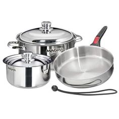 three pots and two pans with lids