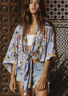 Bucket List Brand Indigo Blue with Floral Print Bohemian Inspired Tie Front Draped Silhouette Kimono  | Style # T1362 | Made in USA | Made in America Women's Boutique Chiffon Kimono Cardigan, Chiffon Kimono, Boho Print, Kimono Cardigan, Sheer Chiffon, Satin Material, Wide Sleeves, Kimono Fashion, Sleeve Detail