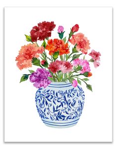 pink and orange carnations, watercolor carnations, blue vase, flower artworks, carnations flowers in blue vase, birthday cards, DIY cards Vase With Flowers Painting, Birth Flower Painting, Watercolor Flowers In Vase, Birthstone Flowers, Painting Carnations, Orange Carnations, Flower Vase Drawing, Flower Vase Painting, Summer Prints Wallpaper