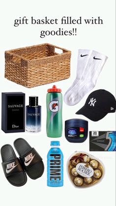 the gift basket filled with goodies is shown in this ad for men's clothing