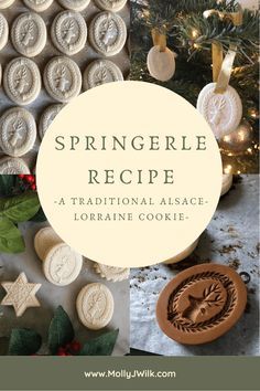 christmas cookies and cookie cutters with the words spring recipe on them, surrounded by holiday decorations