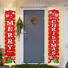 two christmas banners on the front door of a house decorated with lights and snowflakes