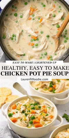 chicken pot pie soup is an easy and healthy meal that's ready in under 30 minutes