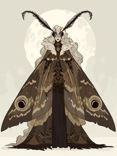 a moth with horns and wings standing in front of a full moon