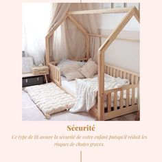 an advertisement for a bed frame made out of wood, with the words securie written in french