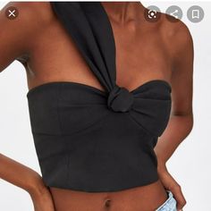 Zara Black Asymmetrical Top With One Wide Strap With Knot Zipper On The Side Puffy Sleeves Top, Bow Crop Tops, Zara Tank Top, Night Out Tops, Gingham Fashion, Floral Print Crop Top, Plaid Crop Top, Black Crop Top Tank, Black Cropped Tank