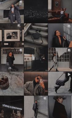 the collage shows many different images of people in black and white outfits, with one woman