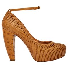 COLOR: Caramel MATERIAL: Leather SIZE: 36 EU / 5 US HEEL HEIGHT: 120 mm / 4.8” COMES WITH: Dust bag and box CONDITION: Excellent - tried on but look never used. Minor scuffing to leather bottoms., Made in Italy Elegant Brown Heels With Woven Leather, Elegant Brown Woven Leather Heels, Luxury Brown Woven Leather Heels, Luxury Woven Leather Heels For Formal Occasions, Formal Woven Leather Heels, Formal Luxury Heels With Woven Leather, Luxury Formal Woven Leather Heels, Designer Leather Heels With Intrecciato Weave, Luxury Heels With Woven Leather And Round Toe