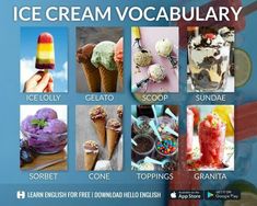 an ice cream vocaculaary is shown in this image