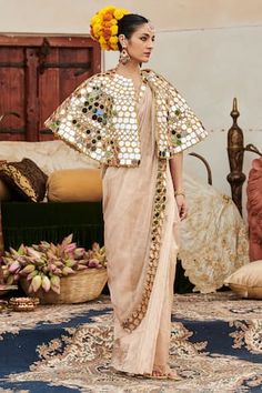 Beige saree with a mirror work border. Paired with a mirror work cape. - Aza Fashions Saree With Mirror Work, Mirror Work Border, Beige Saree, Cape For Women, Embroidered Cape, Full Mirror, Indian Ethnic Wear, Mirror Work, Designer Wear