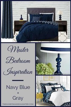 I'm dreaming of a master bedroom in soothing shades of navy blue and gray. Here are my picks for bedding, curtains and more! - The Handyman's Daughter Blue And Gray Bedroom, Sea Cottage, Dark Brown Furniture, Bedroom Needs, Navy Bedrooms, Bedroom Color Combination, Bedroom Redesign, Dark Wood Furniture, Bedroom Decorations