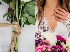 a woman in white dress next to flowers and tied up with a brown ribbon on her neck