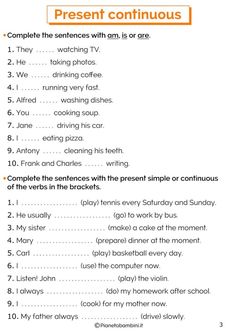 the present continuous tense worksheet is shown in orange and white with black writing