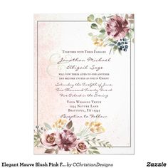 an elegant wedding card with flowers and leaves on the front, is shown in pink