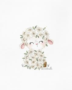 a watercolor painting of a sheep with flowers on it's head and eyes