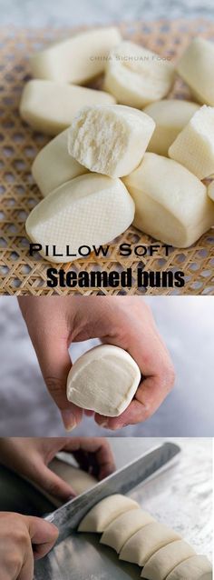 there are two pictures with different types of food on the same page, and one shows how to cut steamed buns