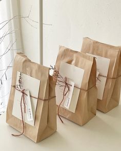 three brown paper bags tied with twine and some white tags on the handles are sitting next to each other