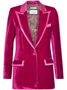 fuchsia pink velvet internal paisley print classic lapels long sleeves plunging V-neck two front flap pockets chest welt pocket front button fastening contrasting trim Blazer Rosa, Paisley Print Fabric, Christmas Suit, Blazer Pink, Velvet Rose, Black Tweed, Yoko London, Blouse Pants, Velvet Blazer