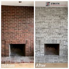 before and after pictures of a brick fireplace