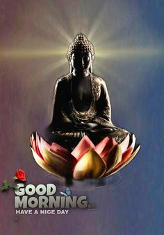 a buddha statue sitting in the middle of a lotus flower with words good morning have a nice day