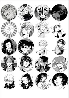 some black and white anime characters with different expressions on their faces, all in circles