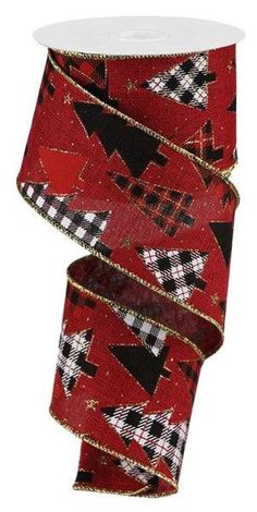 Plaid Trees Canvas Wired Ribbon : Burgundy, Red, Black, Gold - 2.5 Inches x 10 Yards (30 Feet) Plaid Christmas Trees, Christmas Wired Ribbon, Wreath Boxes, Plaid Christmas Tree, Ribbon Christmas, Star Tree Topper, Ribbon On Christmas Tree, Plaid Ribbon, Wreath Supplies