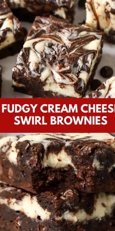 fudgey cream cheese swirl brownies are stacked on top of each other