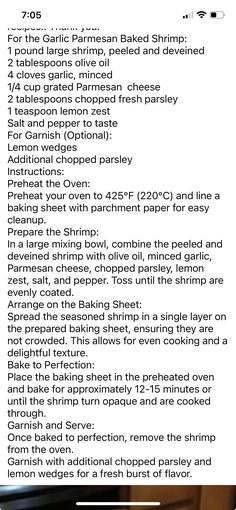 the recipe for baked shrimp is shown in this screenshot