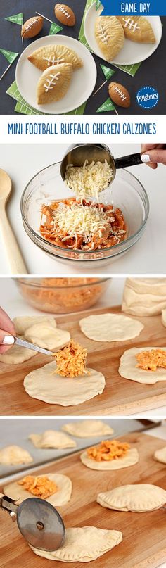 the process of making mini football buffalo chicken calzones is shown in three different stages