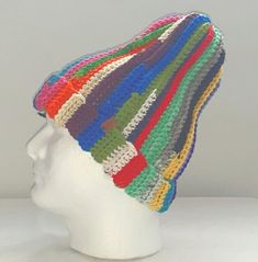 Beanie cap multicolored striped ribbed regular size beanie cap. Measures 13" top to bottom unfolded brim. This is a Little Woo creation.  Each hat is a unique one of a kind color pattern. The hat in the photos is the hat you will receive. #201 Striped Beanie Hat One Size, Striped Beanie Hat, One Size Fits Most, Adjustable Striped Winter Hat, Funky Winter Beanie Hats, Striped Winter Hats One Size Fits Most, Winter Striped Hats One Size Fits Most, Multicolor Winter Bucket Hat, Colorful Casual Winter Hats, Casual Striped Cap