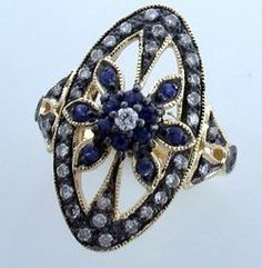 Antique Sapphire Ring 10k 9ct Solid Gold Diamond Ring, Flower 9K 14k Vintage Diamond Ring, Ladies Victorian Anniversary Custom Art Deco R59 Sapphire Antique Ring, Antique Rings Victorian, Victorian Diamond Ring, Victorian Ring, Ring Flower, Flower Vintage, Victorian Rings, 18k Gold Ring, Sapphire Diamond Ring