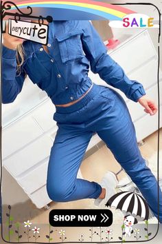 Solid Long Sleeve Fitting Denim Suit Sets Casual Long Sleeve Set With Pockets, Casual Blue Sets With Pockets, Trendy Sets With Pockets For Spring, Trendy Blue Workwear Sets, Casual Long Sleeve Denim Set, Casual Denim Set With Long Sleeves, Blue Casual Sets For Fall, Casual Fitted Button-up Sets, Fitted Blue Denim Sets