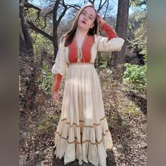 Just In Time For Fall The Most Dreamy Orange Velvet Gunne Sax Dress!! This Dress Is Literally Meant For Fall Photo Shoots With Beautiful Leaf Change Or Thanksgiving Feasts. I Have Only Seen This Dress One Other Time It Is A Very Special Dress And Hard To Find. The Velvet Is Such A Beautiful Burnt Orange Color And The Jute Natural Color Trim With The White Muslin Really Makes It Pop. The Dress Has The Classic Corset Style Bodice That Is Very Flattering. Multi Tired Skirt And Long Zipper Sleeves A Fall Photo Shoots, Tired Skirt, Vintage Gunne Sax Dress, Sax Dress, Special Dress, Gunne Sax Dress, Fall Photo, Orange Velvet, Burnt Orange Color