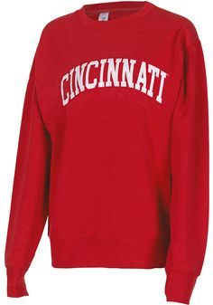 Make your way to the big game in this Cincinnati BearcatsWomens Red Sport Crew Sweatshirt! This Bearcats Long Sleeve Sweatshirt features a applique team name on center chest. Stay warm and comfortable with this Womens Cincinnati Bearcats Crew Sweatshirt. Cozy fleece fabric, Long sleeves, Waistband and sleeve cuffs, Full length, Finished seams, 4 Red Collegiate Sweatshirt For Sports Season, Collegiate Red Sweatshirt For Sports Season, Casual Red Tops For Game Day, Red Fan Apparel Sweatshirt For Sports Season, Collegiate University Red Sweatshirt For Game Day, Collegiate University Red Crew Neck Sweatshirt, University Red Collegiate Crew Neck Sweatshirt, Collegiate University Red Top For Sports Season, University Red Crew Neck Fan Apparel Top